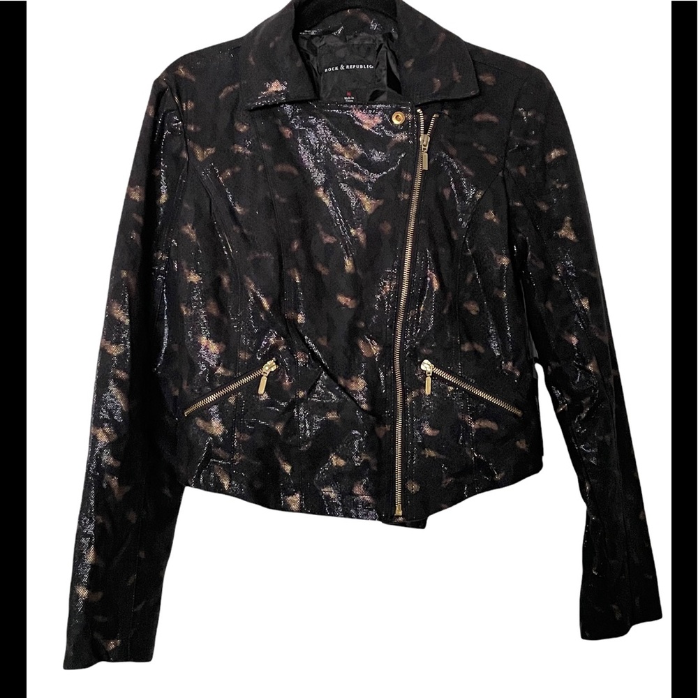 Rock & Republic Black Shimmery Moto Jean Jacket with Gold Zippers
